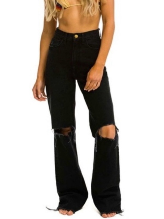 Aviator Nation Denim - Aviator Nation Gypsy Hi Rise Wide Leg Jean Distressed Denim in Vintage Black 25